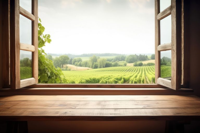 Empty wooden table, vineyard view out of open window