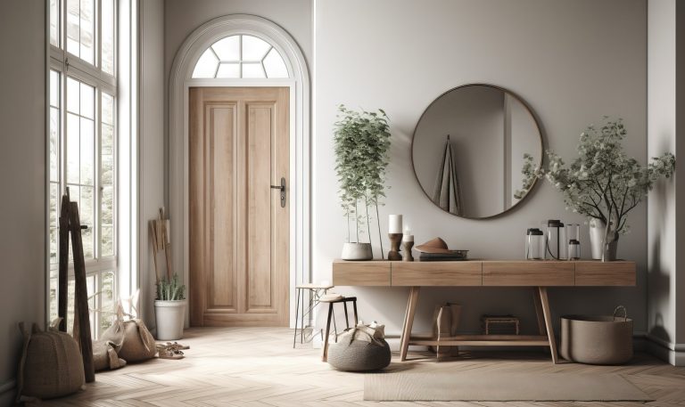 a room with a table, mirror, vases and a vase on the floor