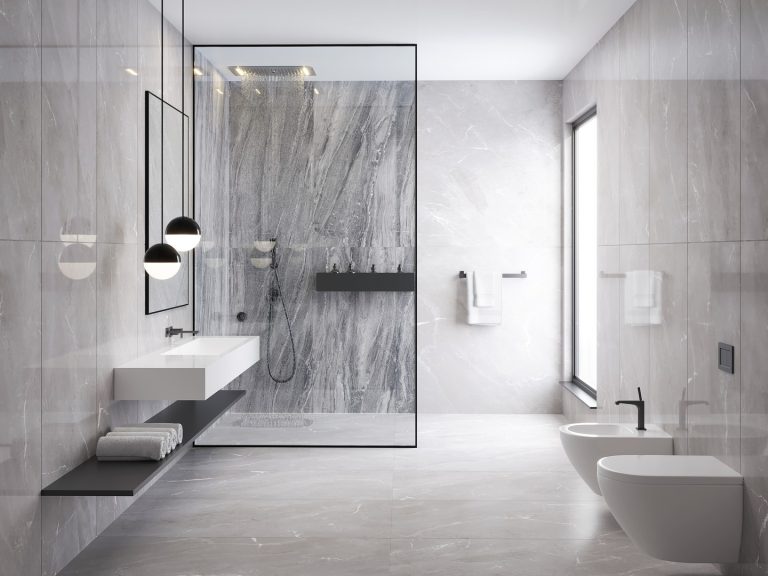 3d rendering of a grey minimal stone bathroom with a shower cabi