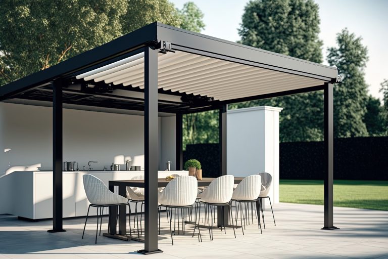 Modern patio furniture include a pergola shade structure, an awning, a patio roof, a dining table, seats, and a metal grill